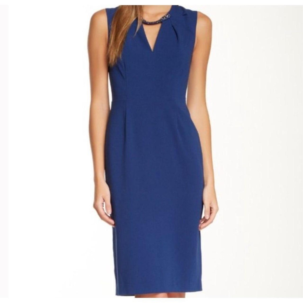 BCBGMaxAzria Sleeveless Jeweled V-Neck Sheath Dress - Blue - Size 2